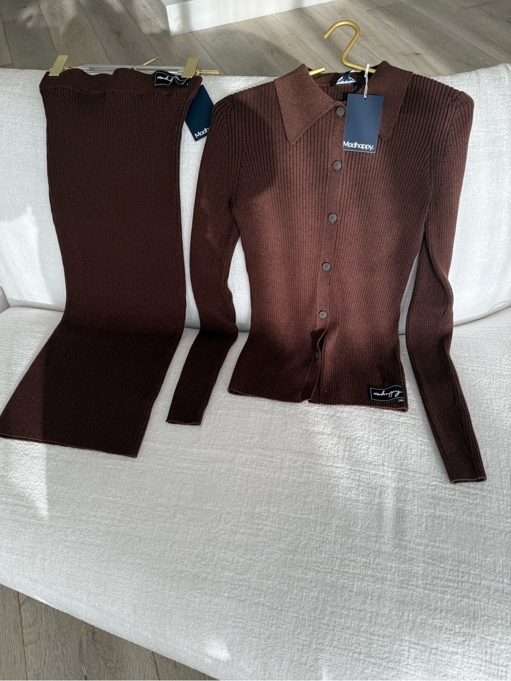 MAD HAPPY Brown Ribbed Button-Up Top and Skirt Set